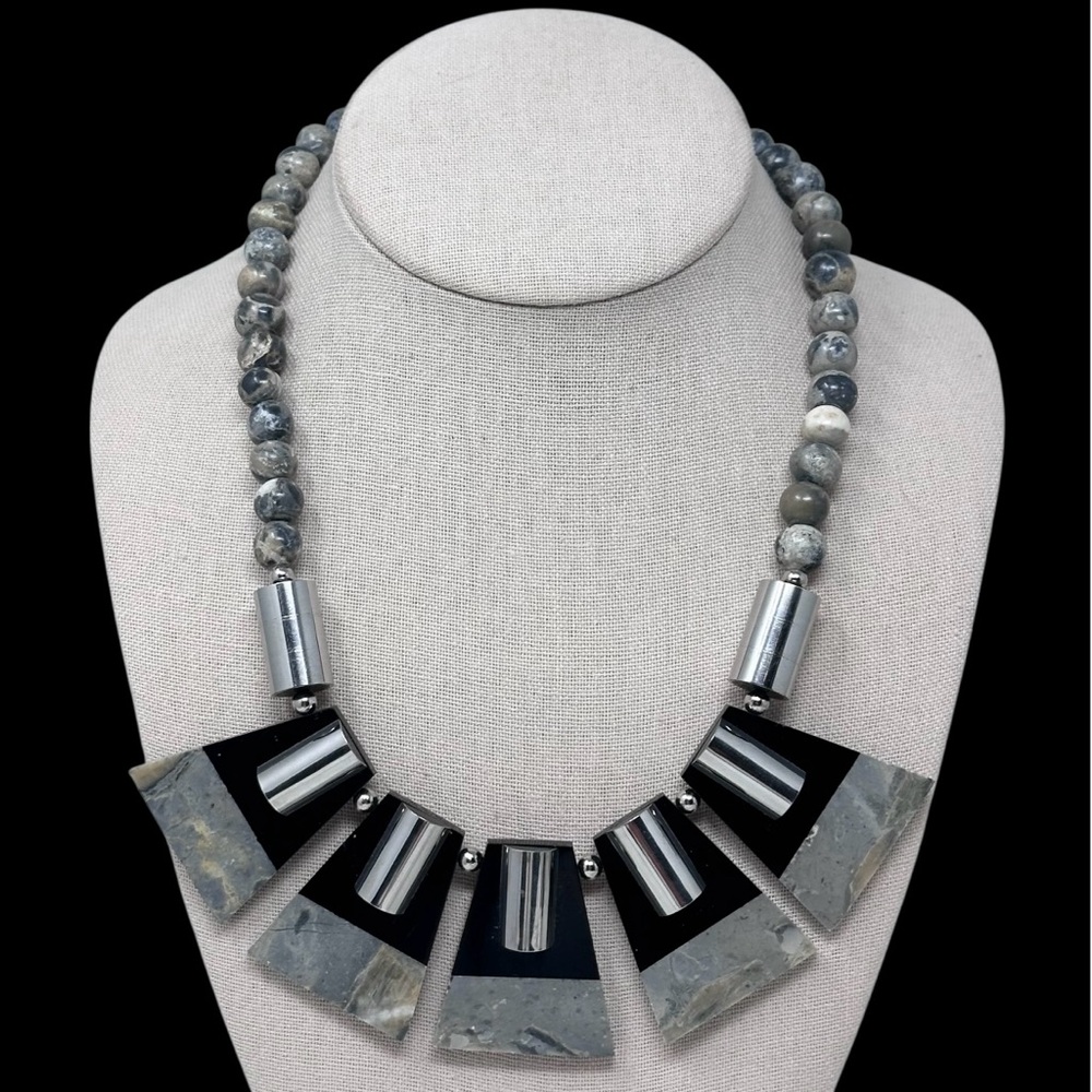 Lee Sands Vintage Grey Jasper Stone Inlay Flair Chunky Statement Necklace